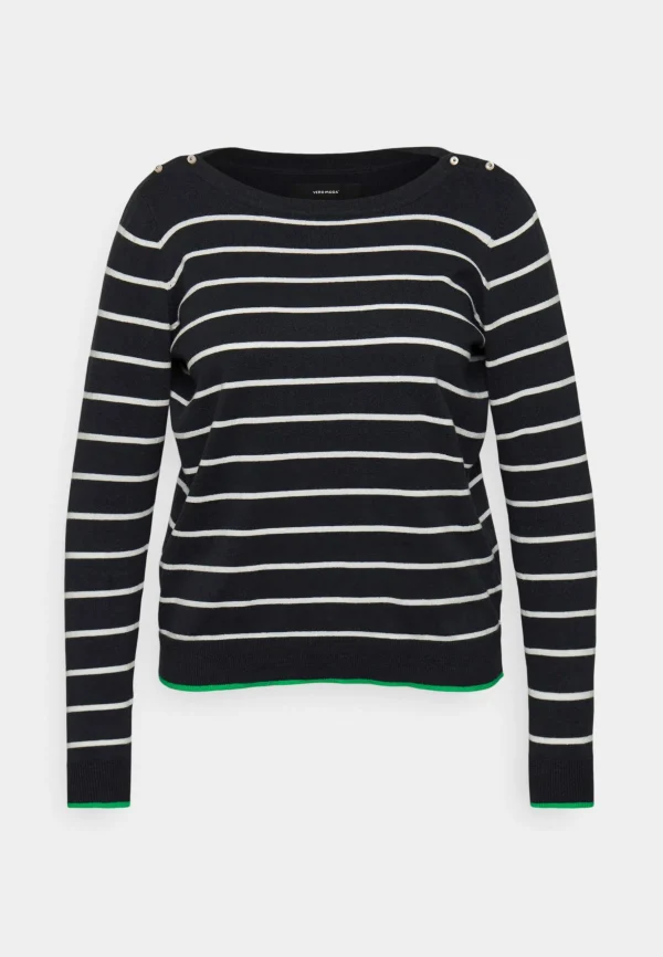 en solde Vero Moda Curve Vmalma Ls Boatneck Button Curve – Pullover – Black/Snow White/Bright Green 5