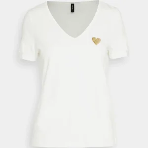 boutique en ligne france Vero Moda Vmpryla Ss V-Neck Wvn Btq – T-Shirt Basique – Snow White/Gold 16