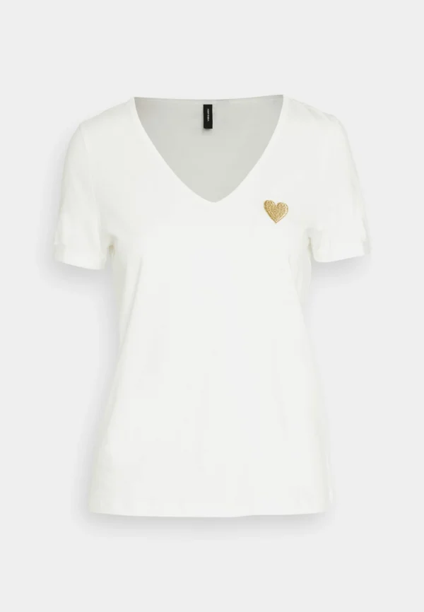 boutique en ligne france Vero Moda Vmpryla Ss V-Neck Wvn Btq – T-Shirt Basique – Snow White/Gold 6