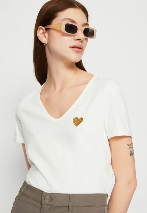 boutique en ligne france Vero Moda Vmpryla Ss V-Neck Wvn Btq – T-Shirt Basique – Snow White/Gold 5