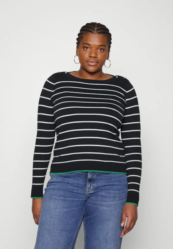 en solde Vero Moda Curve Vmalma Ls Boatneck Button Curve – Pullover – Black/Snow White/Bright Green 1